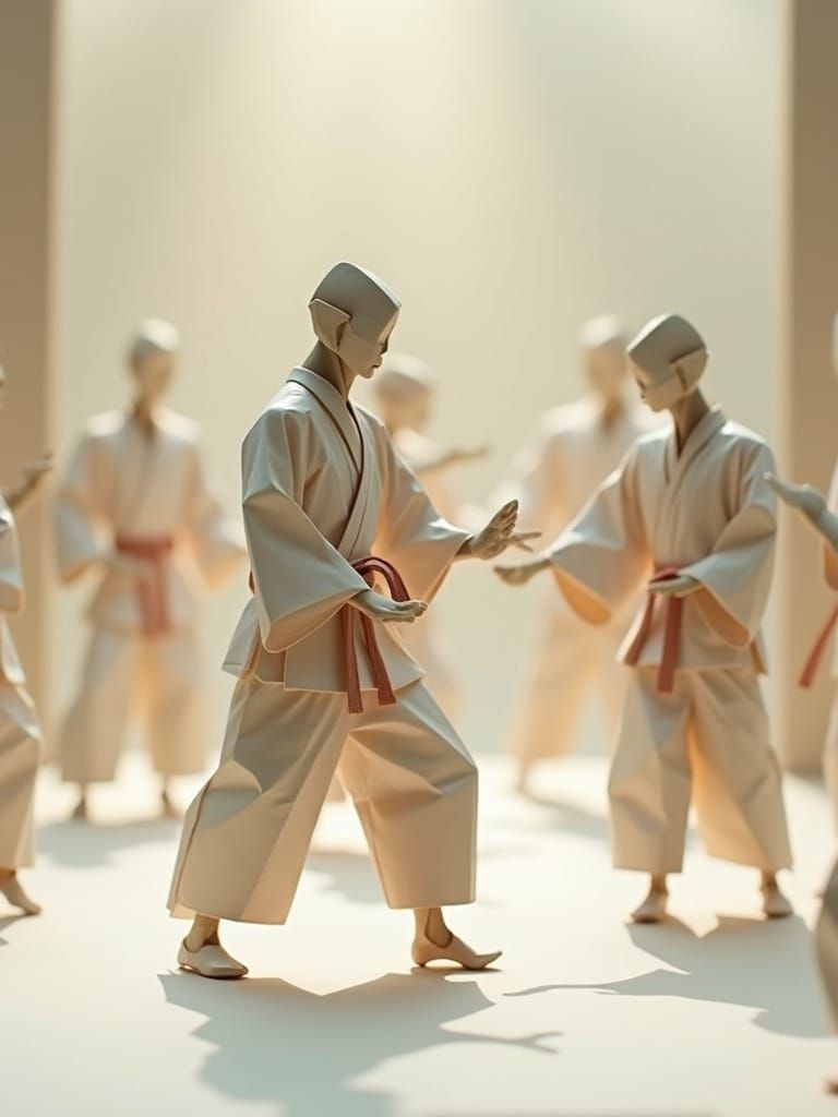Origami Karate Practitioners in Serene Paper Scene