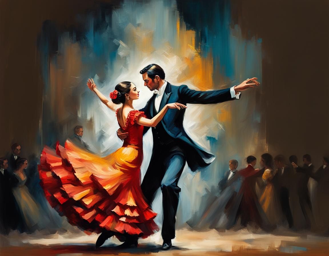 Flamenco Dancers in Ballroom Oil Painting