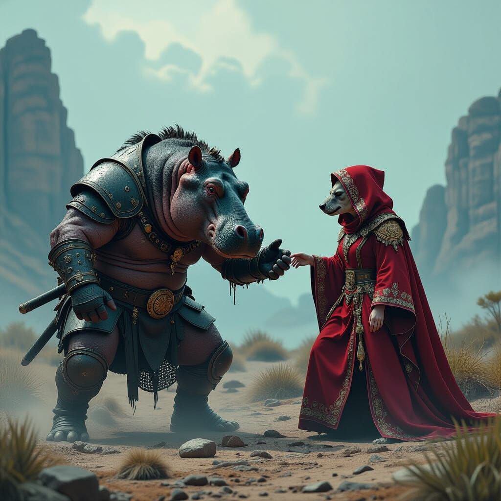 Hippopotamus Warrior Attacks Hyena Magician in Cyberpunk Wor...