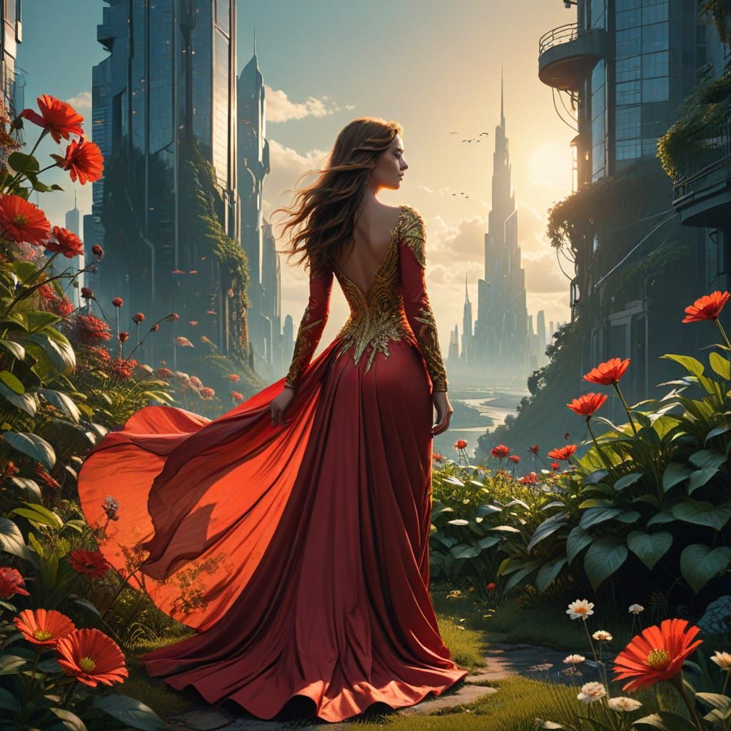 Majestic Cityscape with Elegant Woman in Red Gown