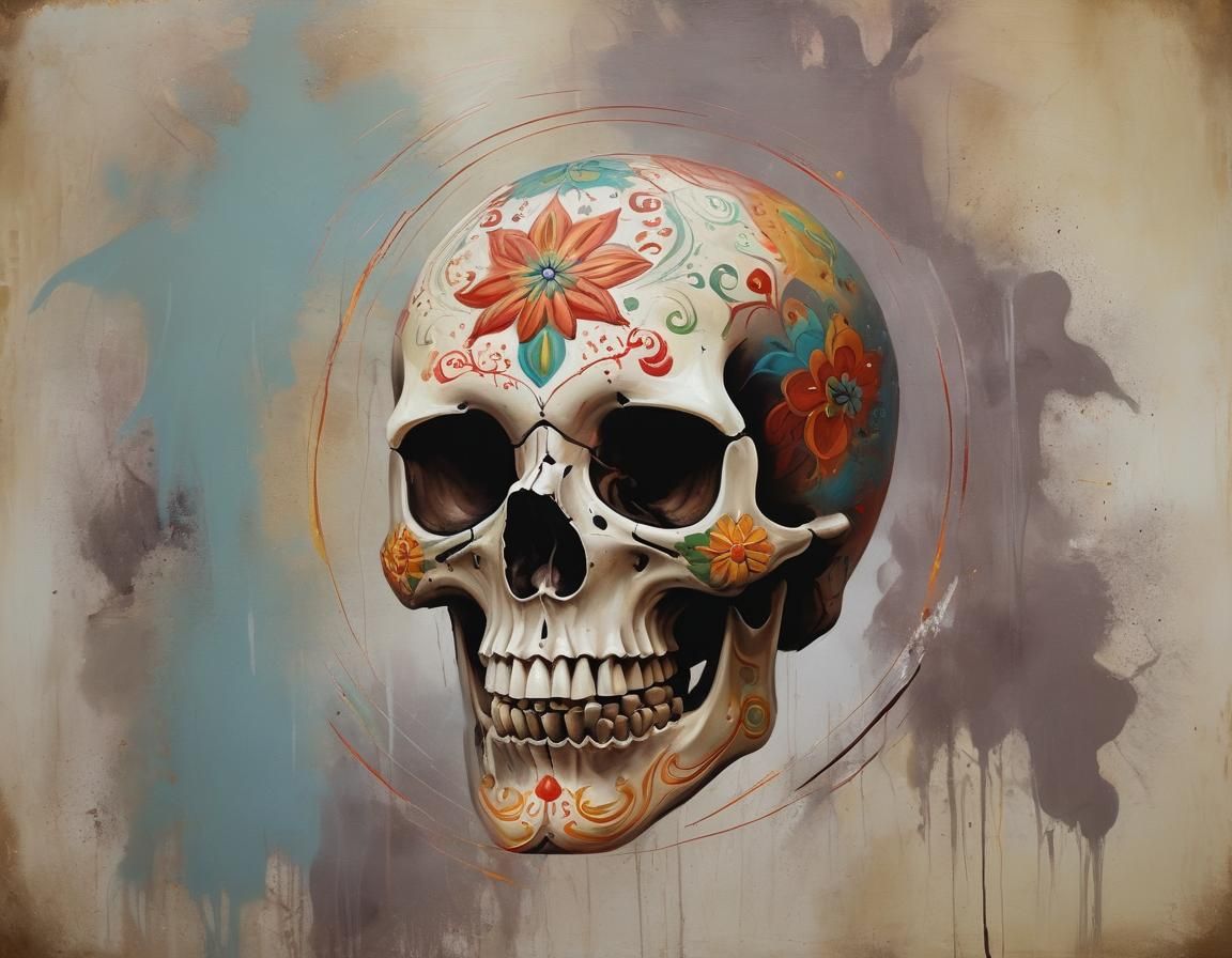 Mexican Religious Skull in Abstract Paint