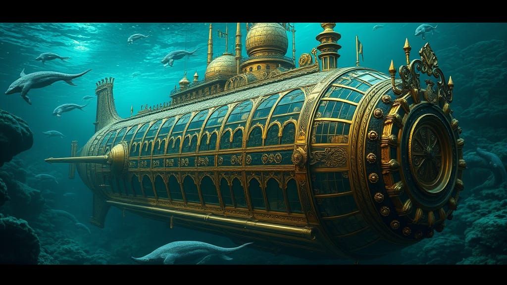 Ethereal Steampunk Submarine in Victorian Era Splendor