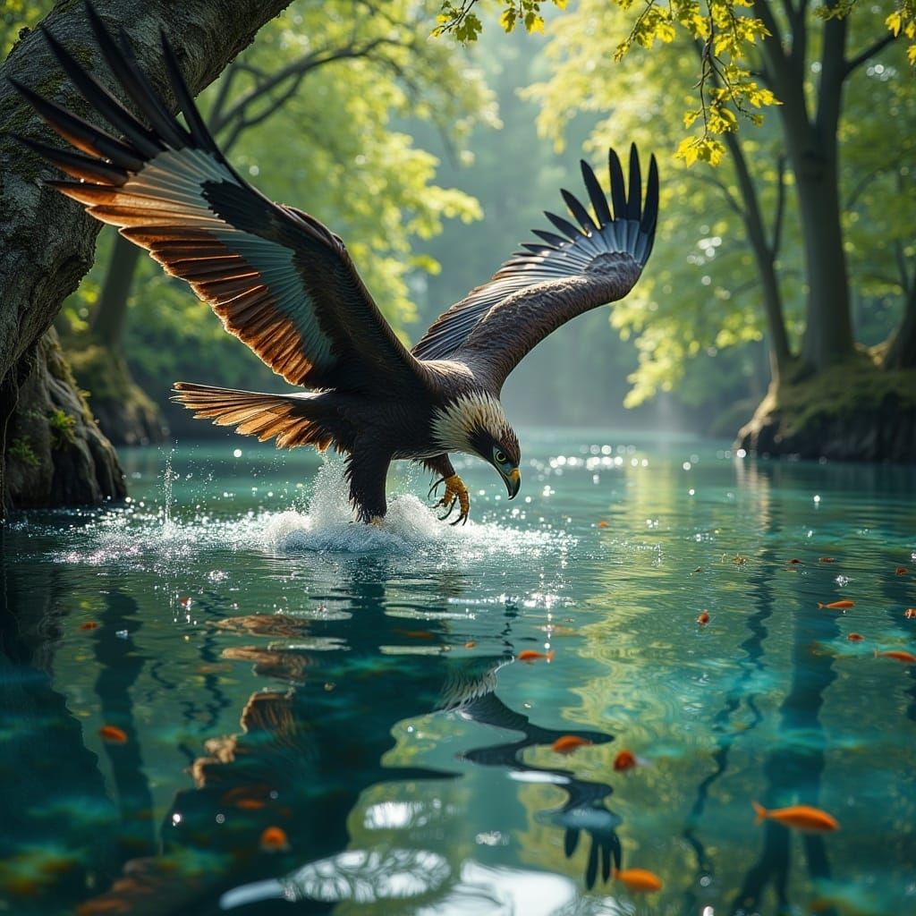 <lora:MJ6 EyeFlux:1.0> An eagle dives from a 200 ft tall tree toward the water below of an inland lake flow age teaming ...