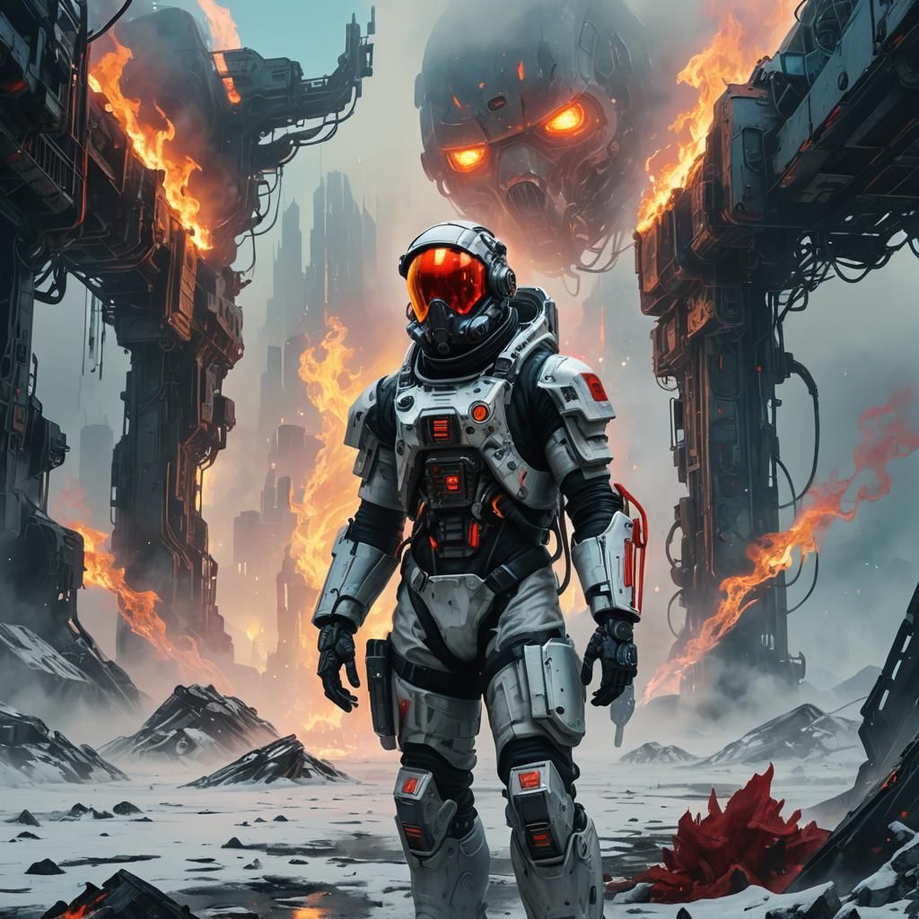 Biomechanical Astronaut in Burning Wasteland: Cyberpunk Conc...