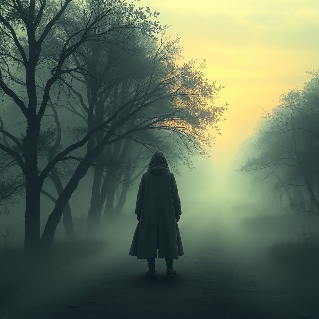 Misty Crossroads Figure Lost in Thought