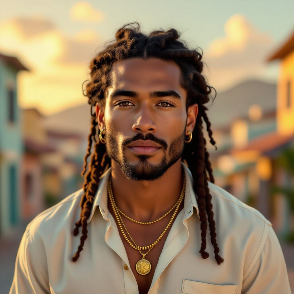 African American Man in Tropical City, Digital Painting