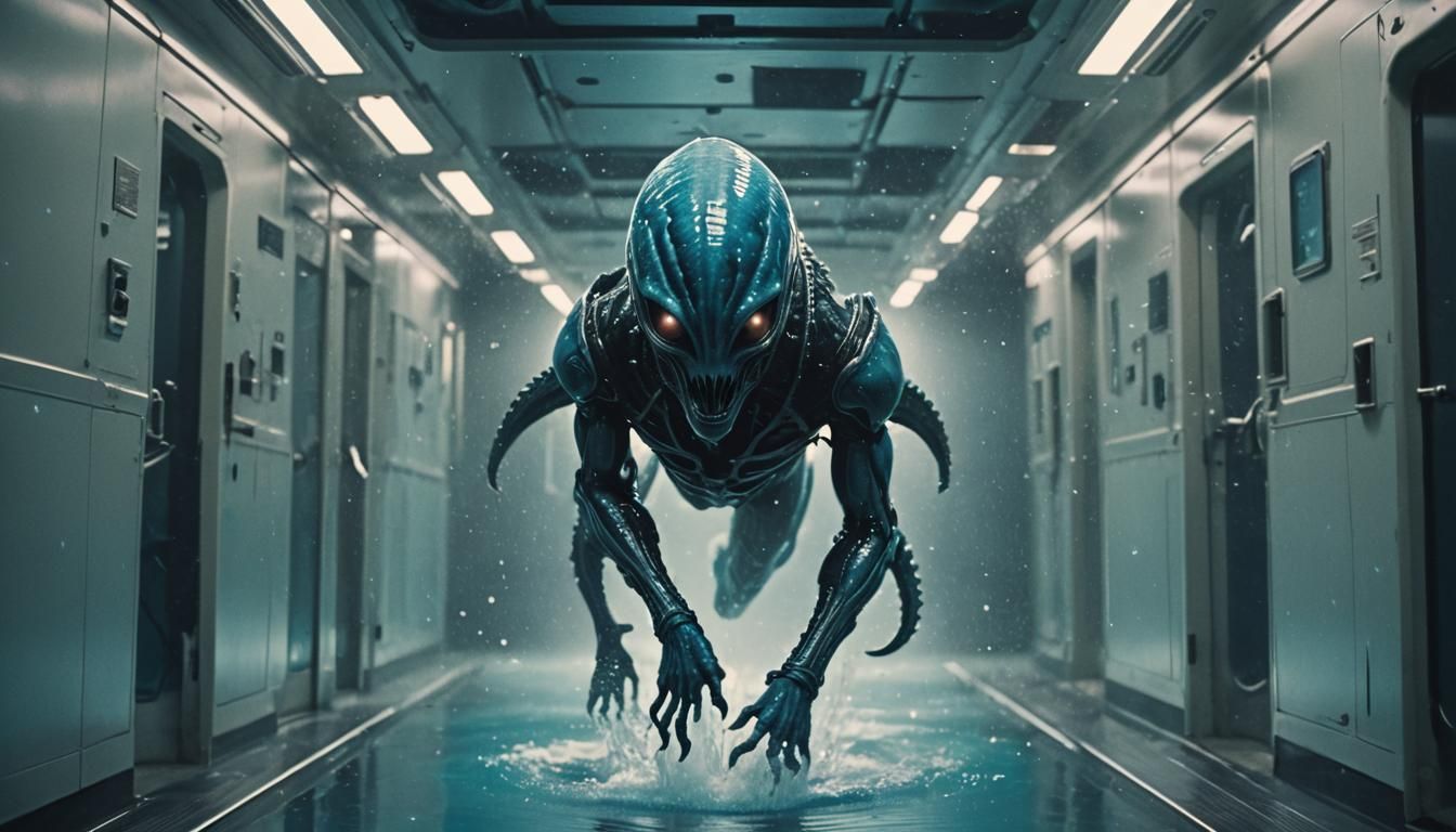 Aquatic Alien in Flooded Spaceship: Cinematic Still