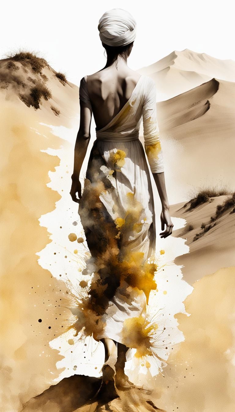 Desert Path Silhouette: Watercolor and Ink Double Exposure