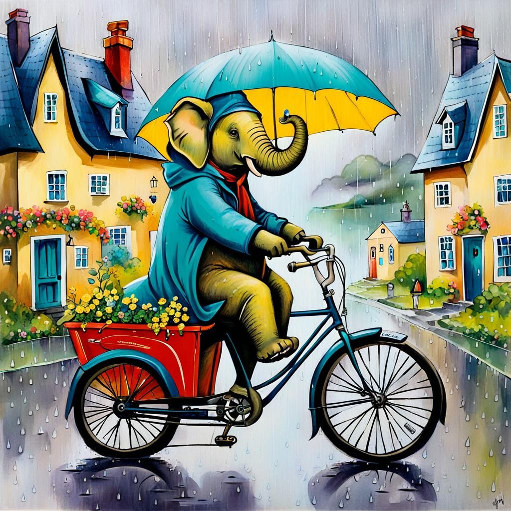 Springtime Elephant Rider in a Rainy Day Scene