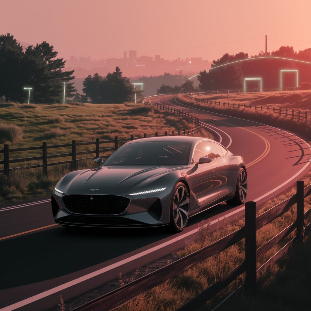 Sleek Futuristic Car Cruises Down Winding Country Road in Cy...