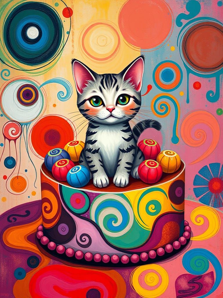 Cat in Cake: Whimsical Abstract Art Image