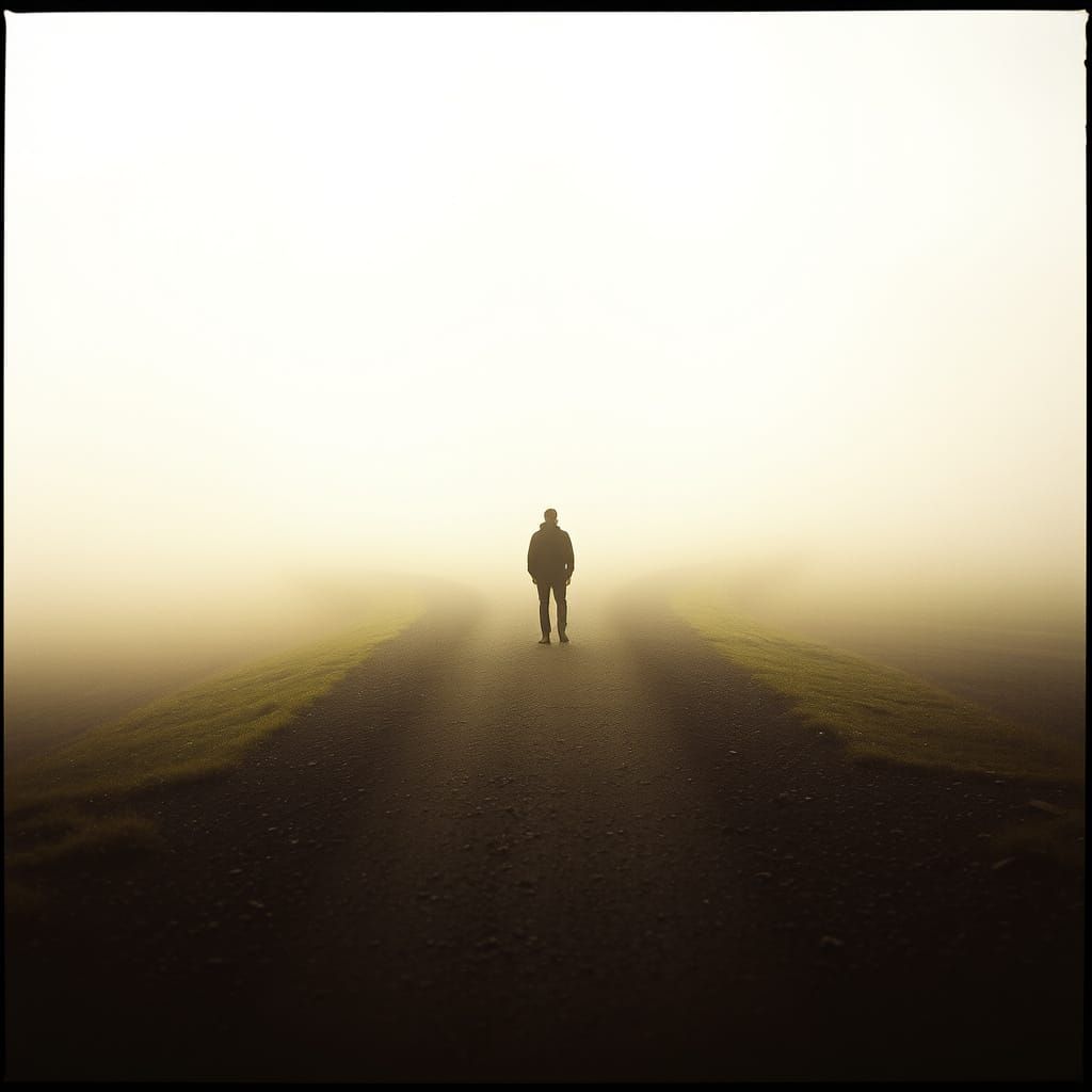 Figure at Crossroads in Mystical Landscape