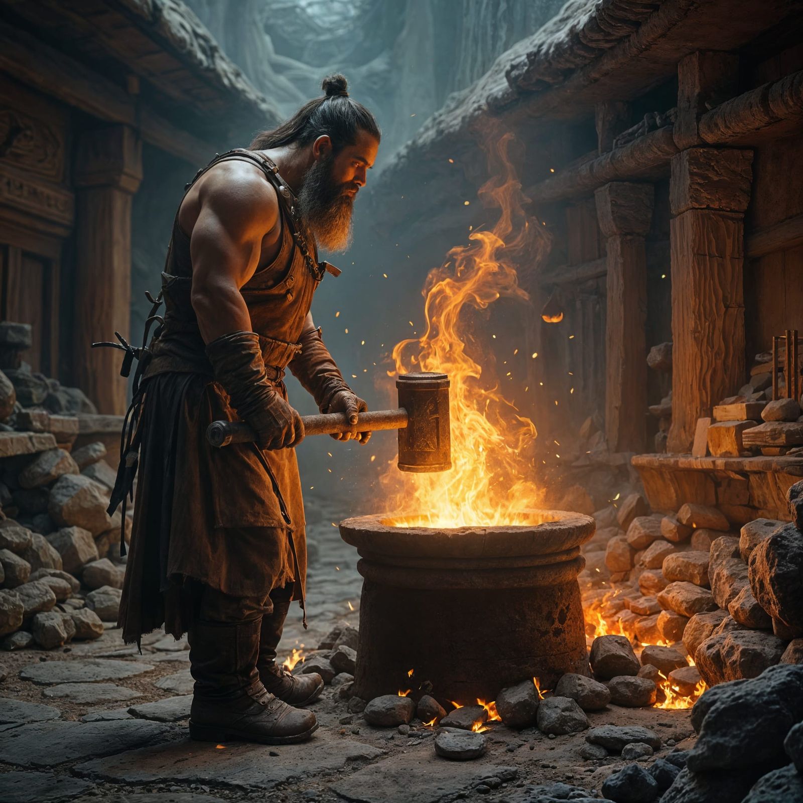 Symbolic Logo: Anvil, Hammer, Spark in Matte Painting