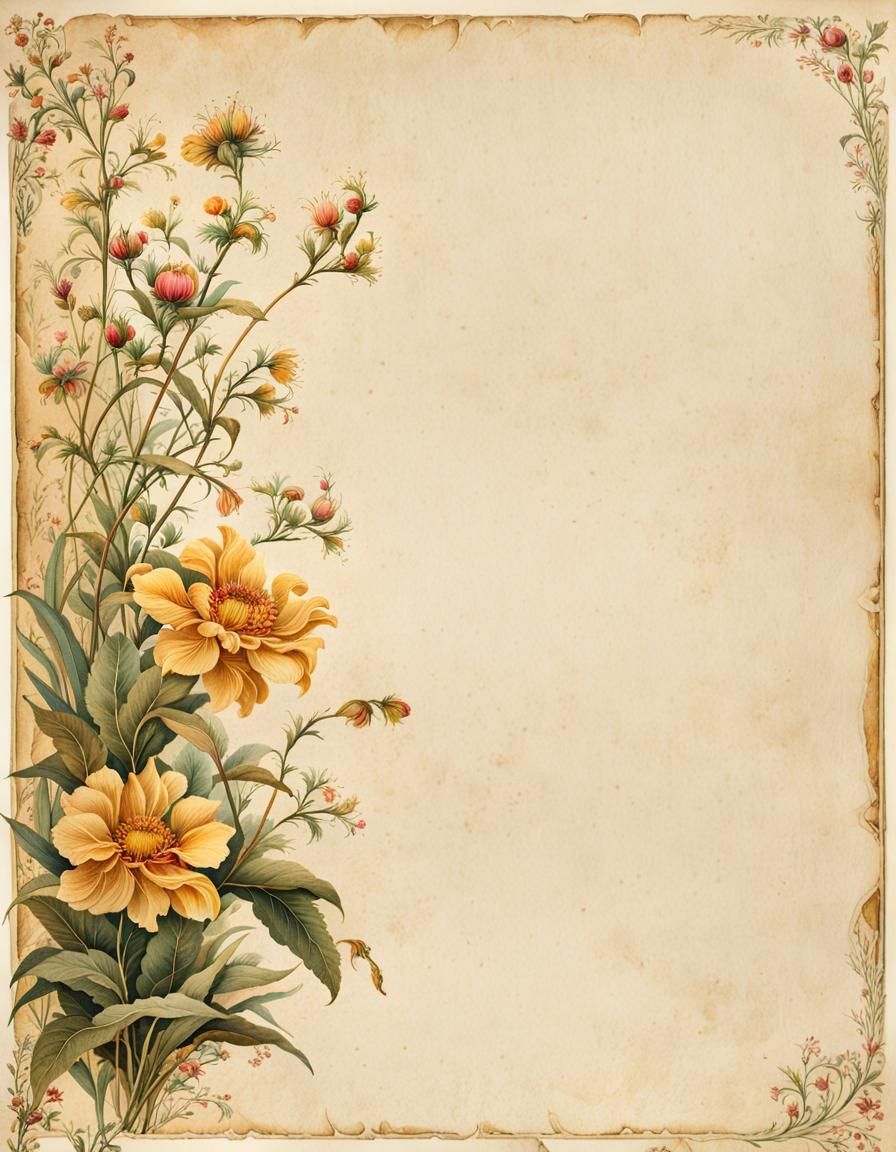 Vintage Parchment Paper with Floral Illustration