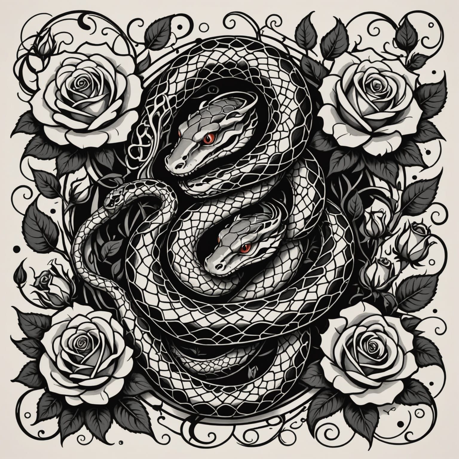 Mystical Snakes and Roses Tattoo Flash Sheet