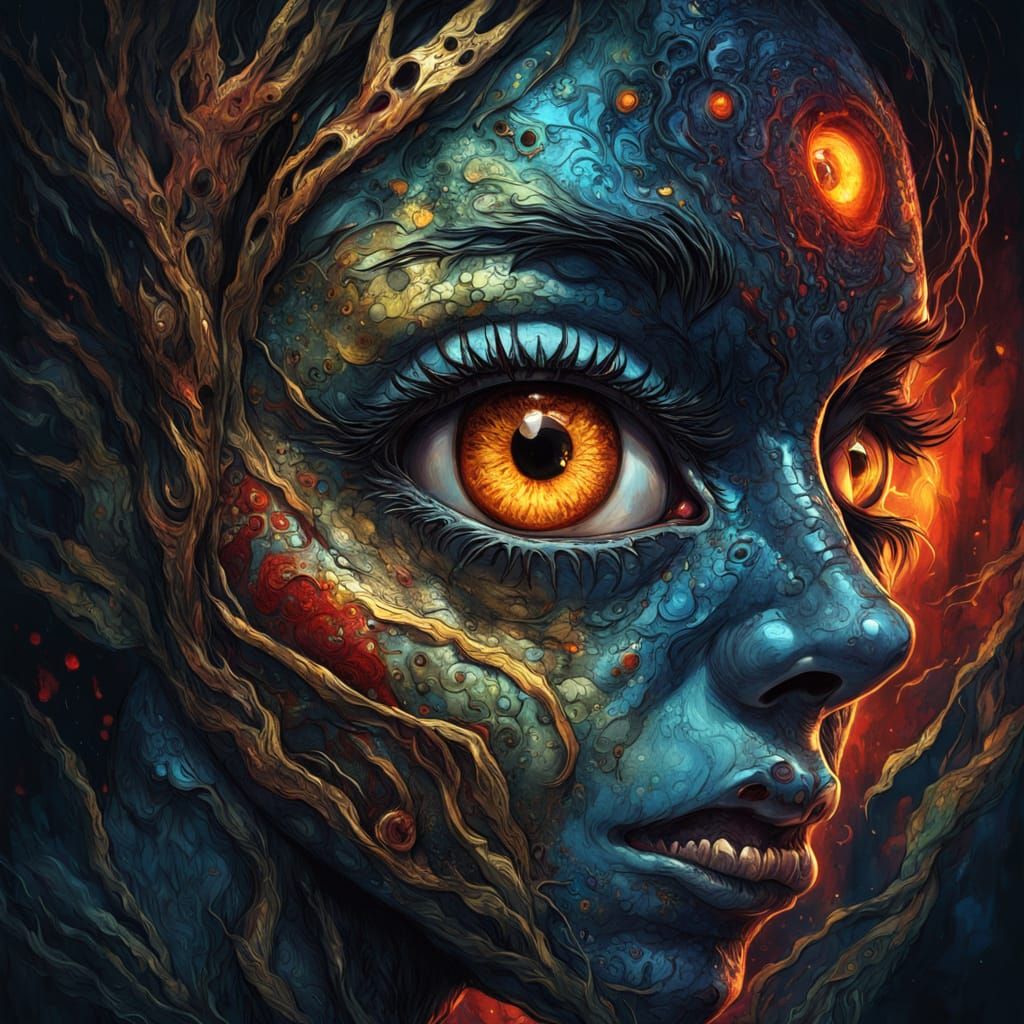 Dark Fantasy Anime: Fearful Face with Reptilian Eye