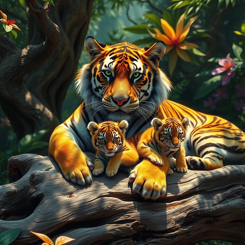 Mother Tiger and Cubs in Tropical Paradise
