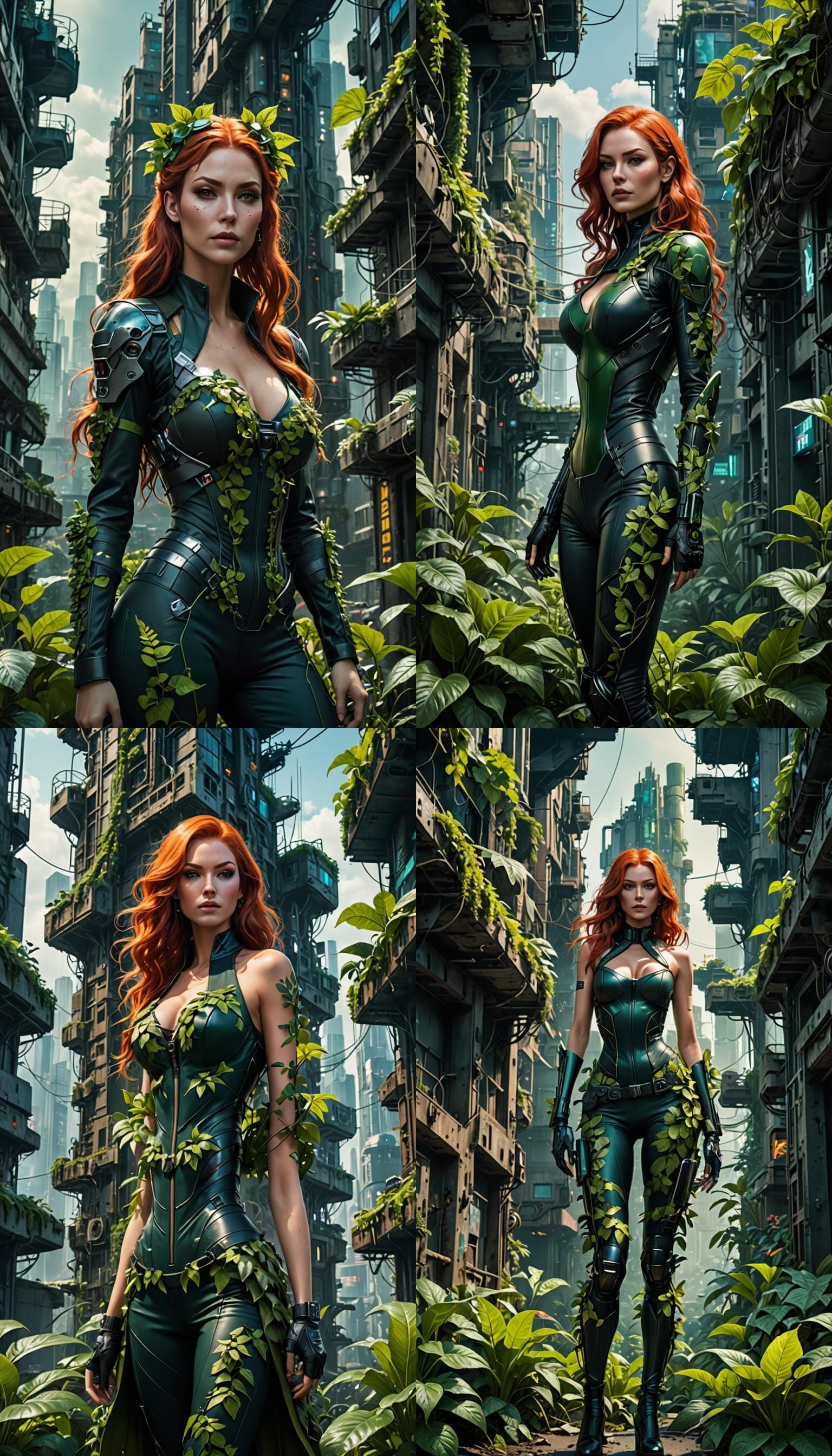 Cyberpunk Poison Ivy in Technorganic Cityscape