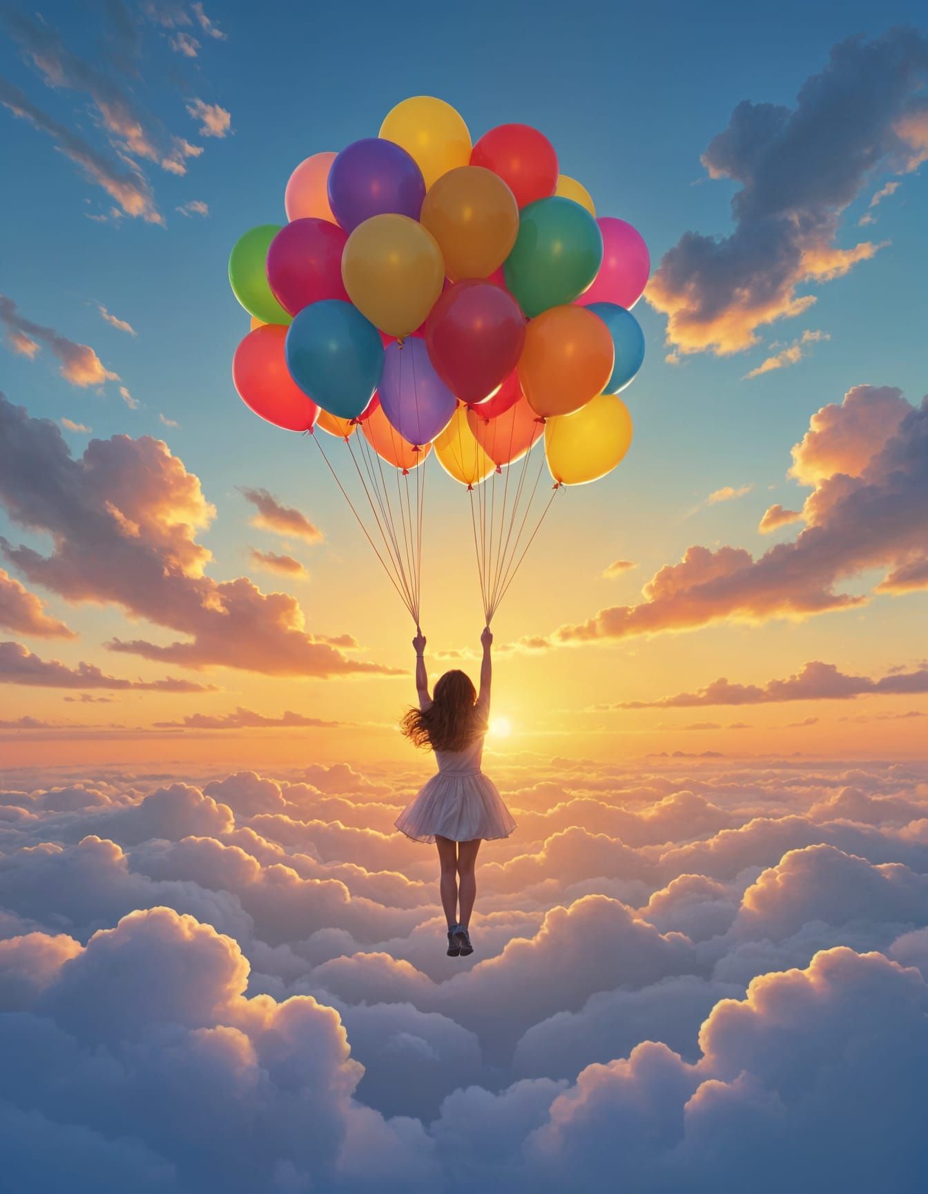 Girl Aloft with Balloons at Sunset