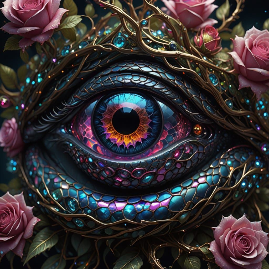 Surreal Fractal Rose Blooms with Radiant Snake Eyes in Metal...