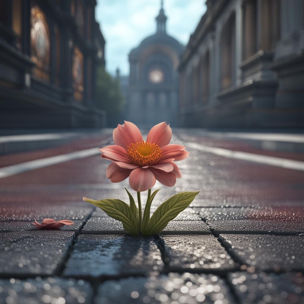 Flower Pushing Through Pavement: Detailed Matte Painting