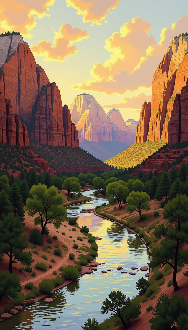 Zion National Park Landscape Art in Golden Light