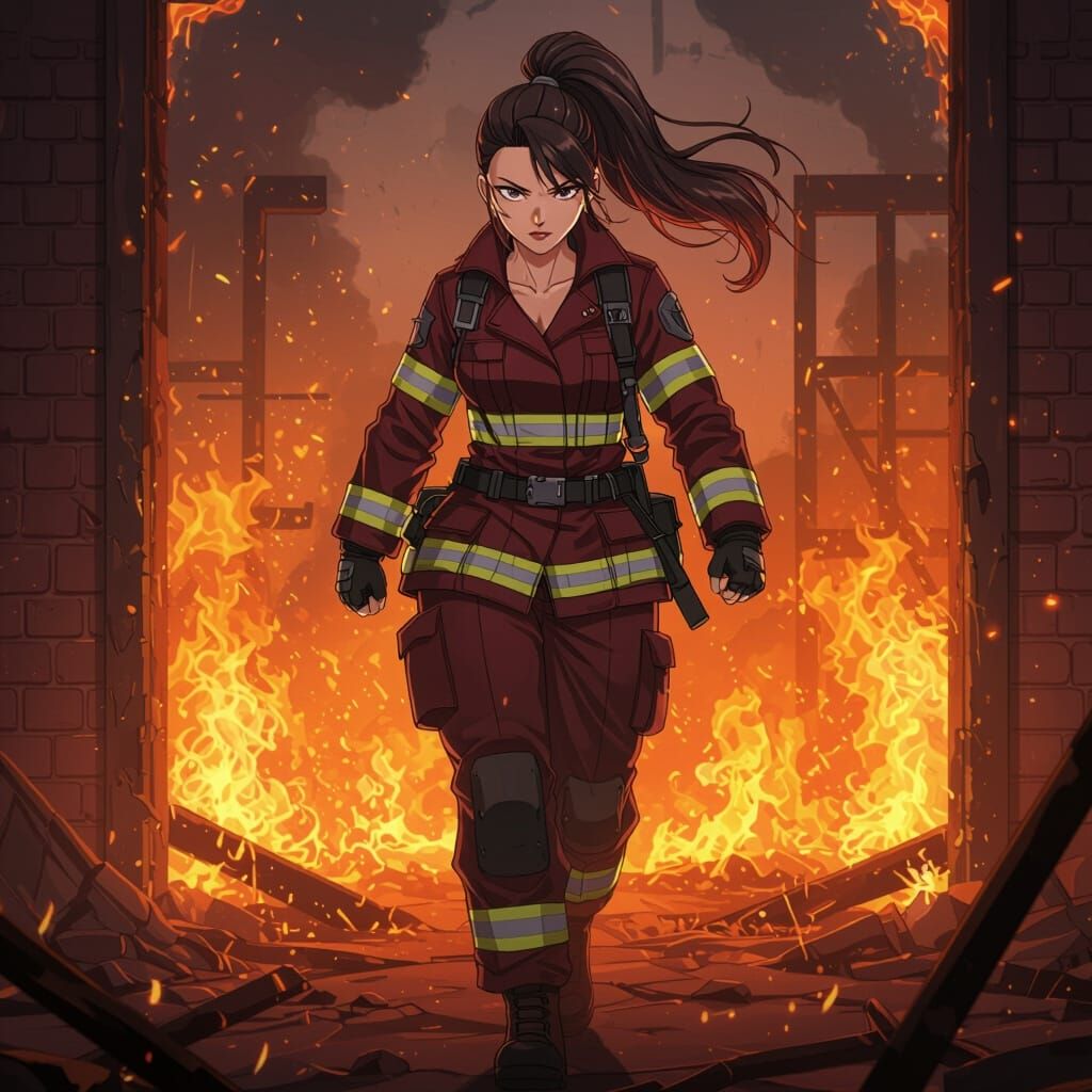 Anime Firefighter Strides Through Flames in Hyper-Realistic ...