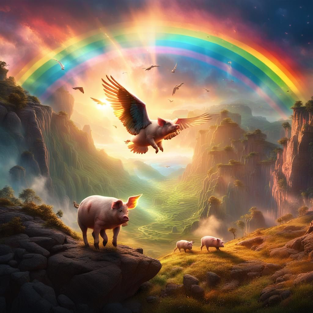 Winged Pigs Ascend on Rainbows: Epic Digital Painting