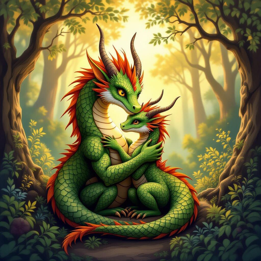Dragon and Companion Embrace in Mystical Forest