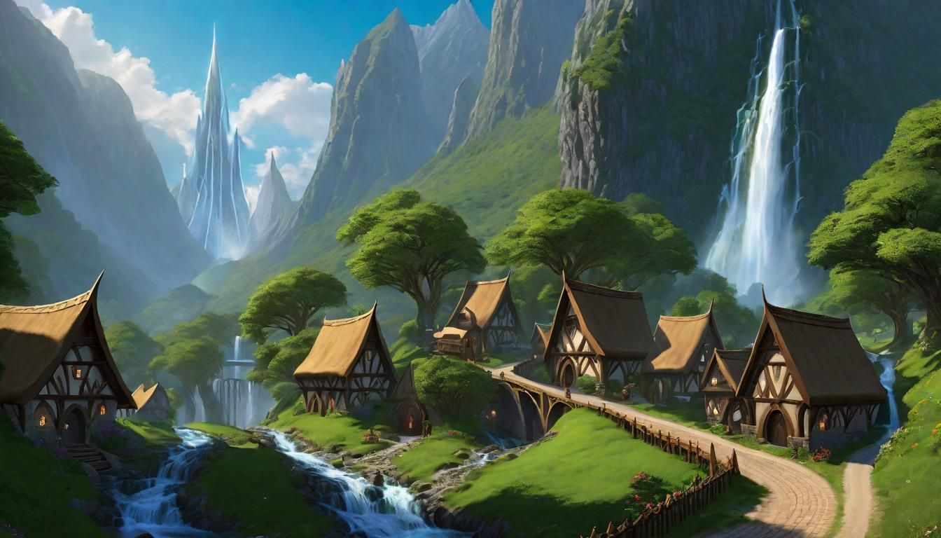 Epic Elven Village With Waterfall: Fantasy Art