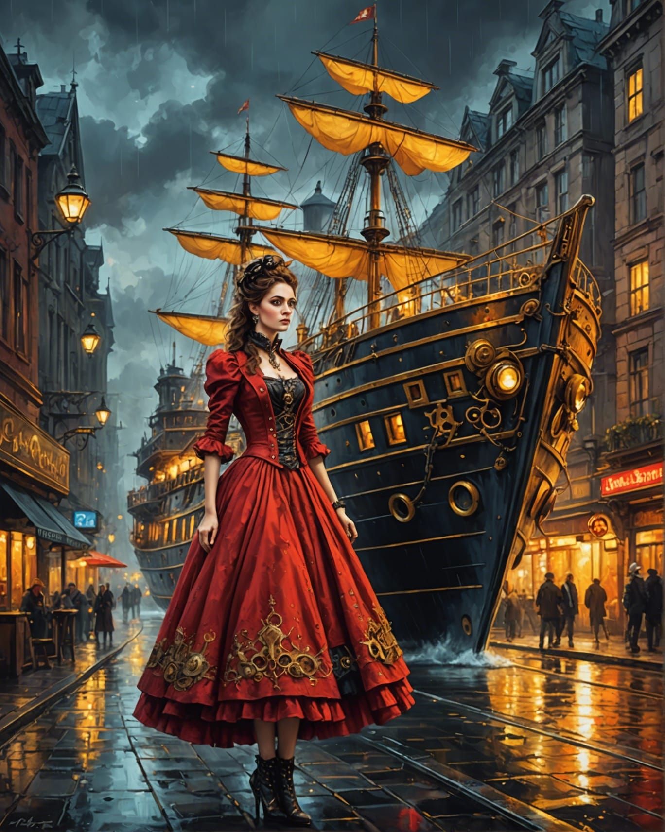 Steampunk Ship in Red Dress, Oil on Canvas