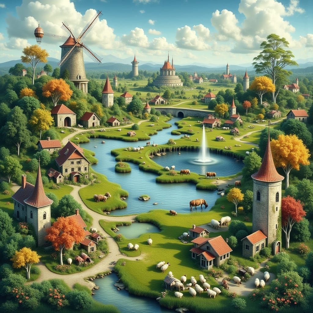 Whimsical Village on Palm Leaves, Fantasy Art