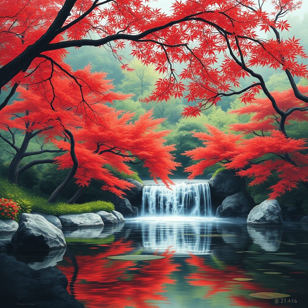 Serene Japanese Garden Waterfall with Red Maples
