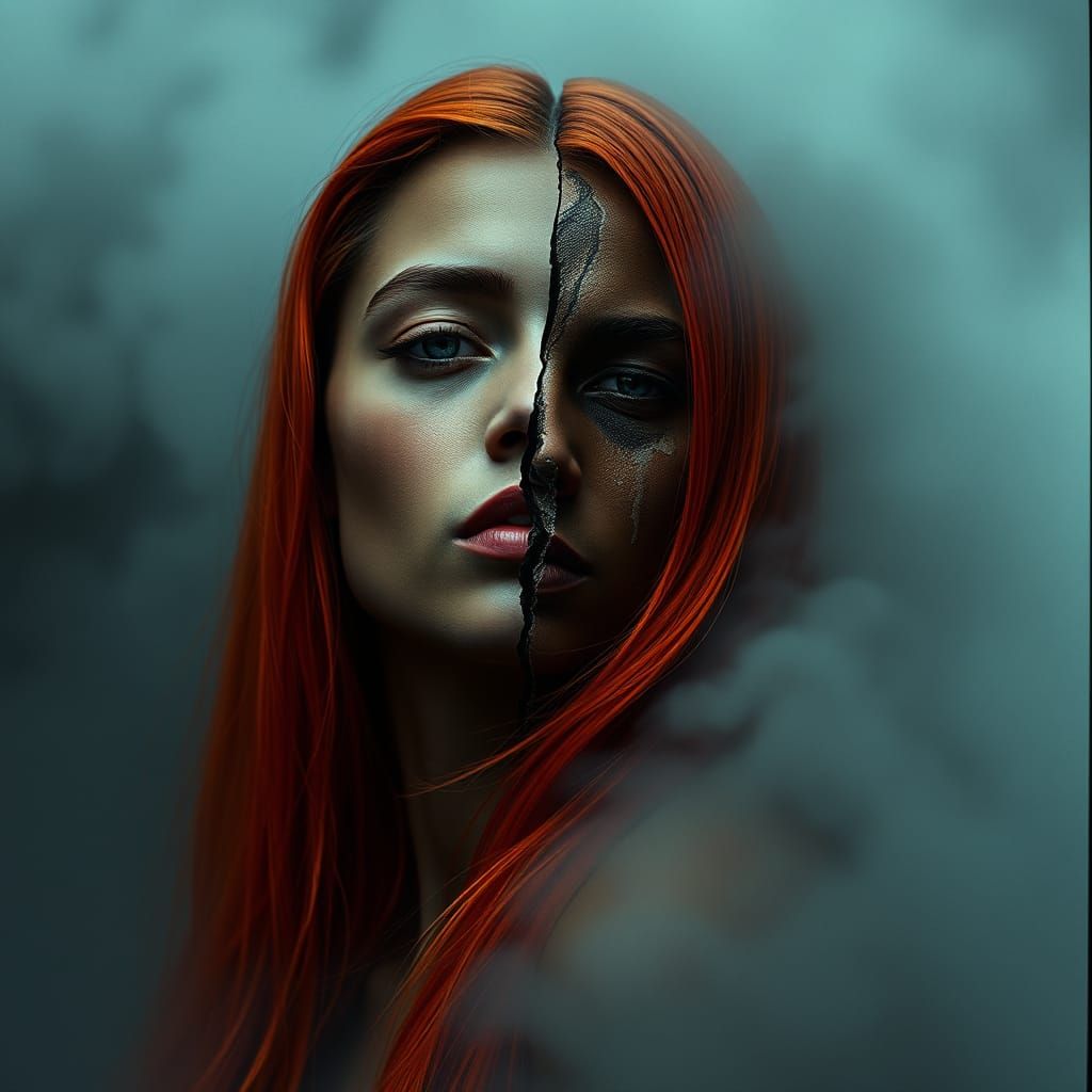 Ethereal Woman in Turmoil, Fractured by Inner Conflict