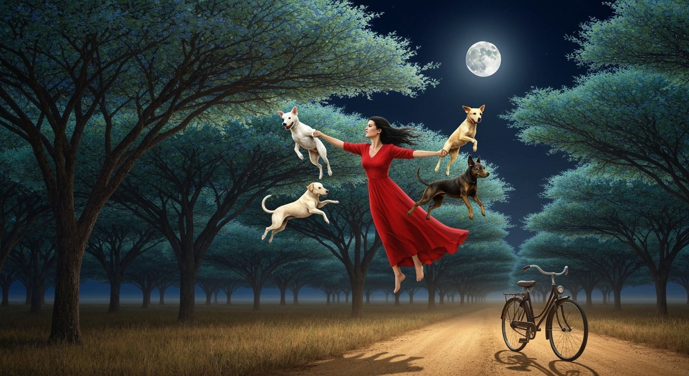 Woman Flying with Dogs Through Moonlit Forest