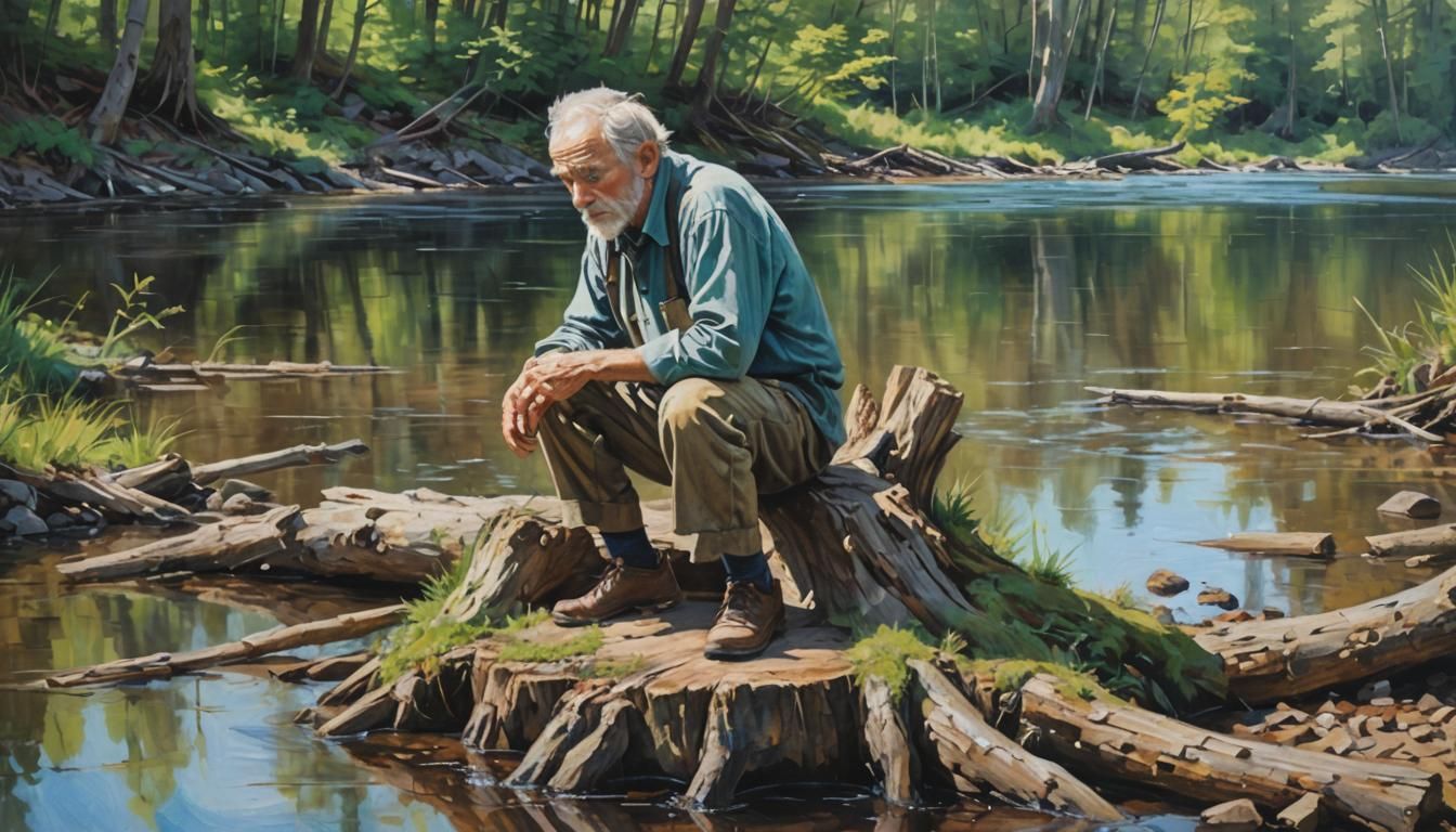 Old Man Resting by River as Impasto Painting