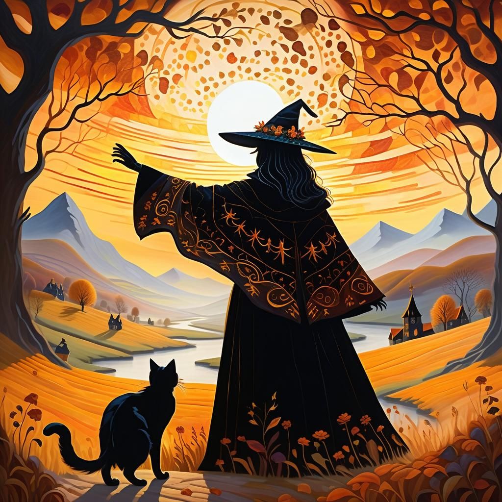 Witch and Cat in Sunrise Landscape: Concept Art