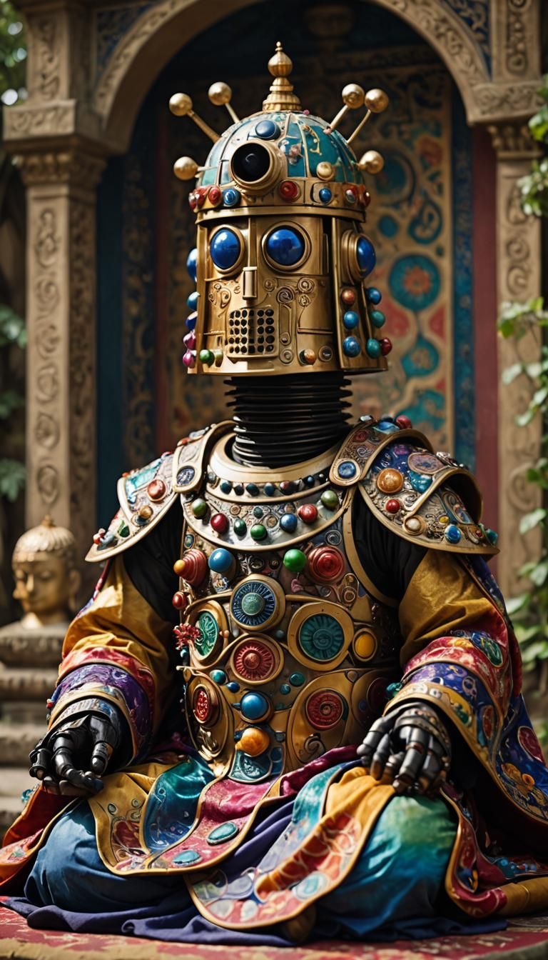 A Dalek Buddha, sitting, wearing a intricately detailed, rob...