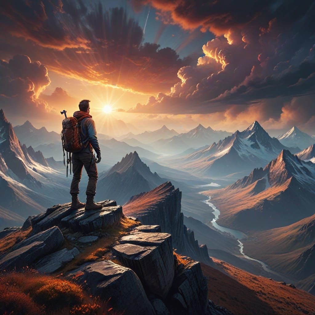 Hiker on Ridge Overlooking Vast Mountain Landscape