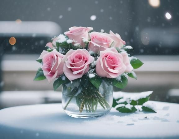 Snowy Roses in Retrofuturist Photography Style