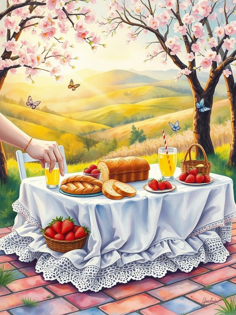 Whimsical Spring Picnic Scene in Watercolor
