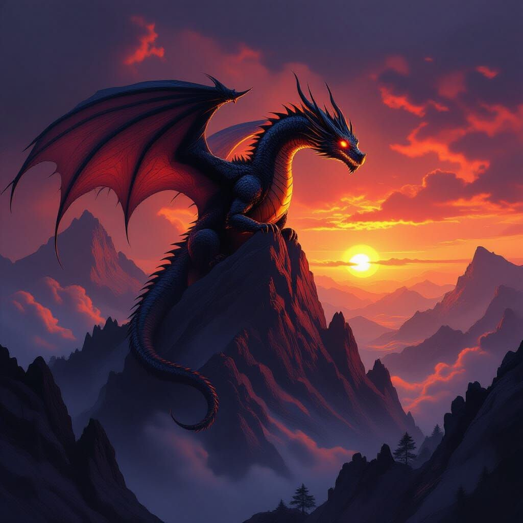 Ancient Obsidian Dragon on Stormy Peak