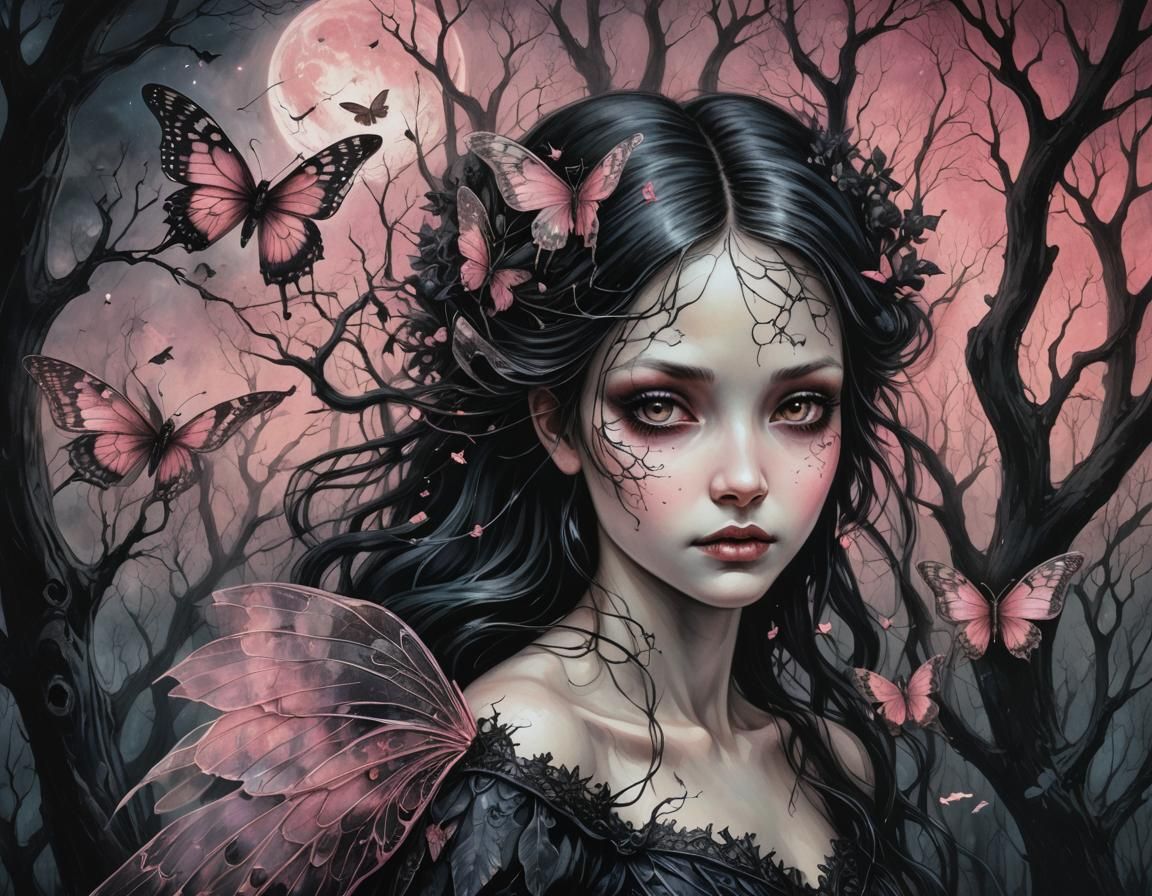 Gothic Fairy Portrait with Cracked Wings as Oil Painting