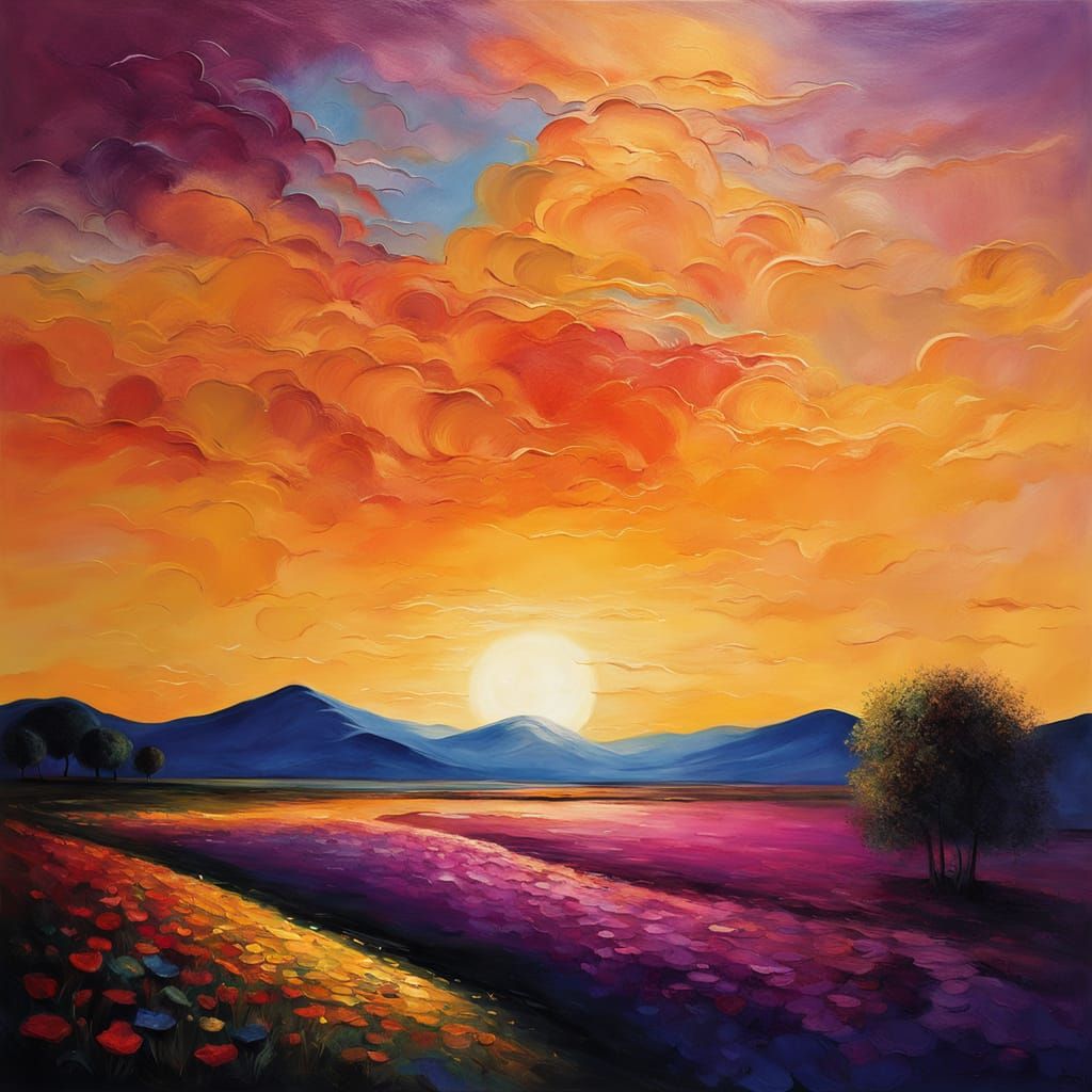 Surreal Oil Painting of a Tired Sun in a Dreamy Sky