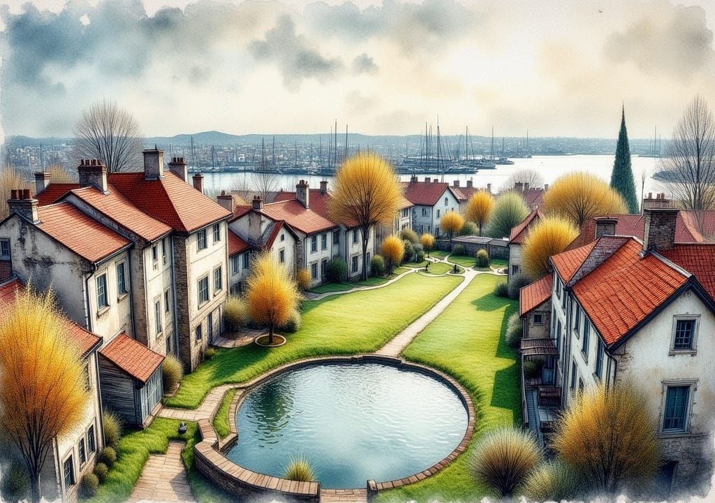 Vintage Cityscape: Aerial View in Pencil Sketch Style