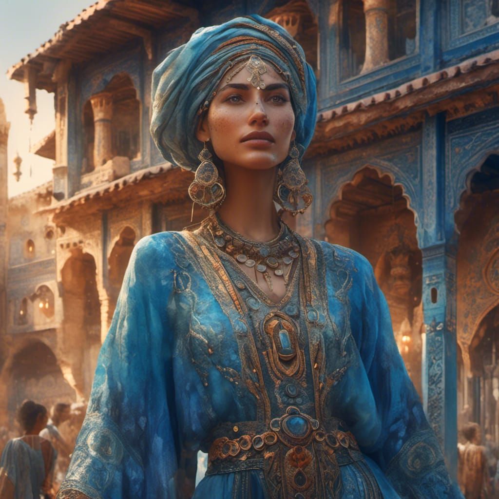 Woman in Blue Caftan: Colorful Watercolor Art