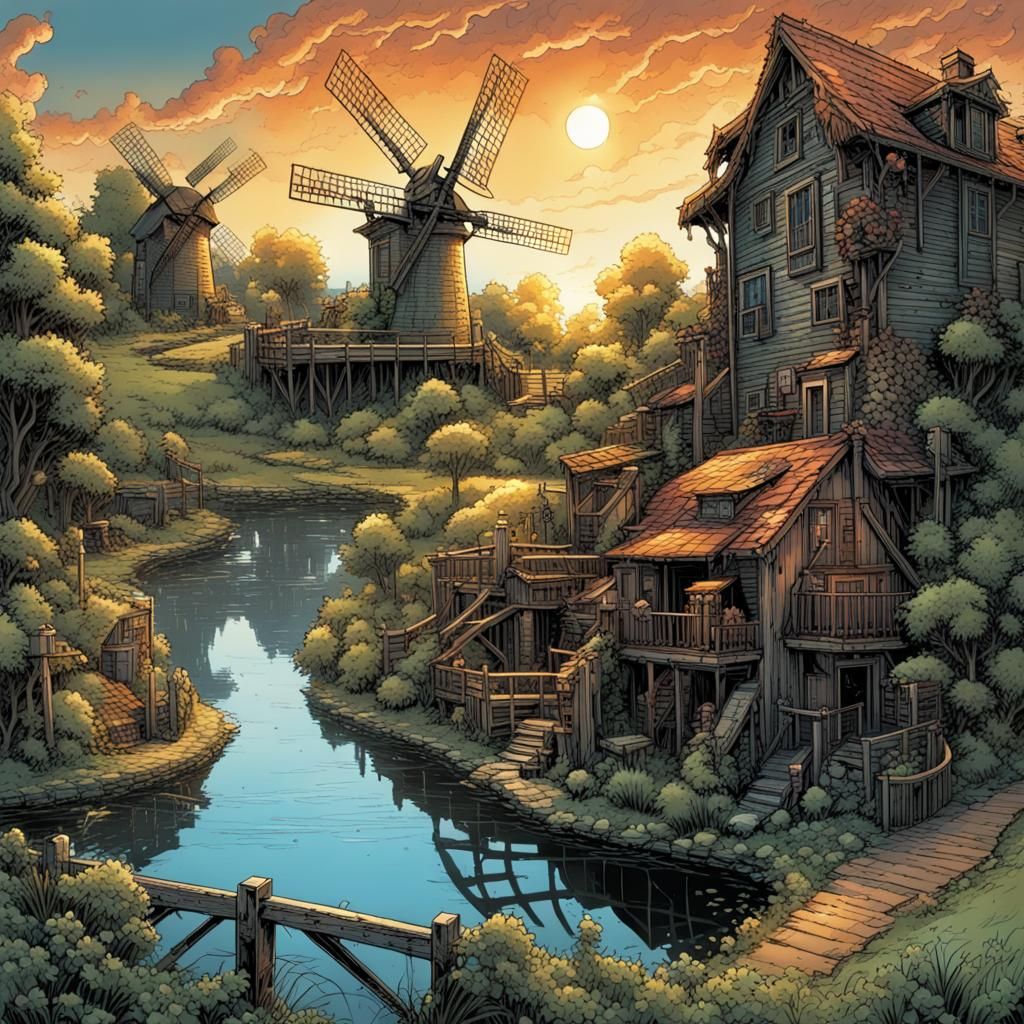 Solar Punk Village with Gardens and Windmills