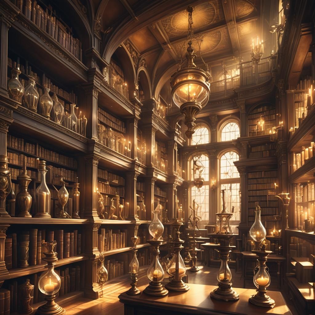 Hourglasses Mark Time's Flow in Mystical Library