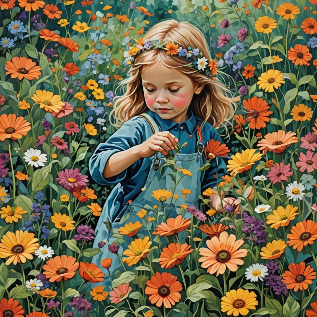 Child Gathering Flowers in Garden: Abstract Art