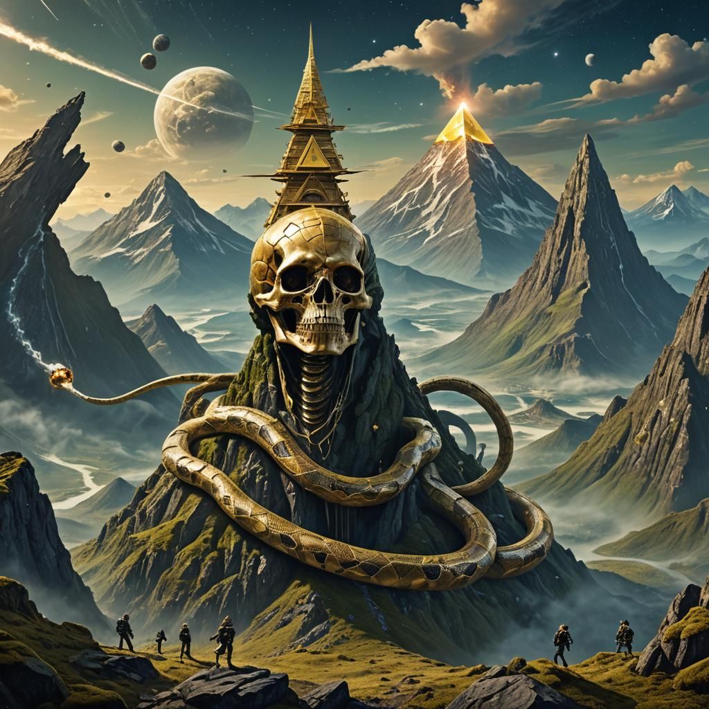 Goliath Snake Skeleton Guards Pyramid in Sci-Fi World
